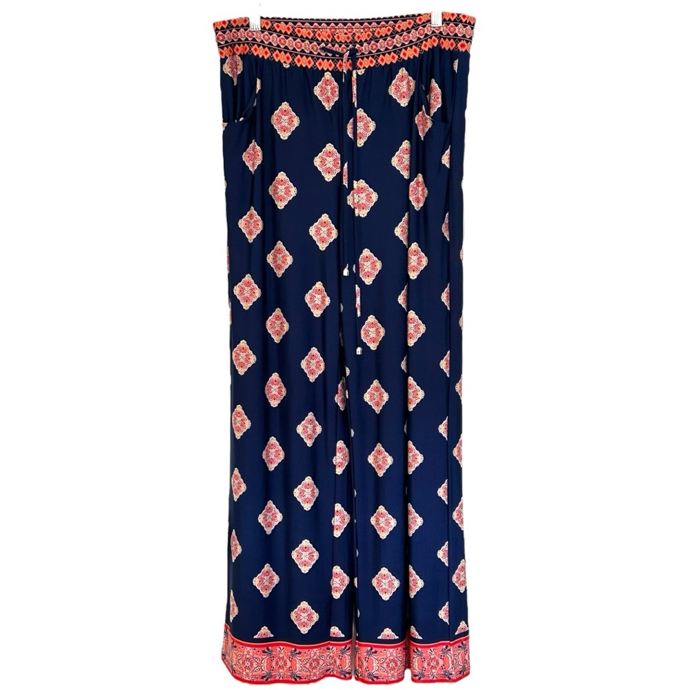 Sandiva Women’s Pull On Navy Blue Patterned Palazzo‎ Pants  Sz L